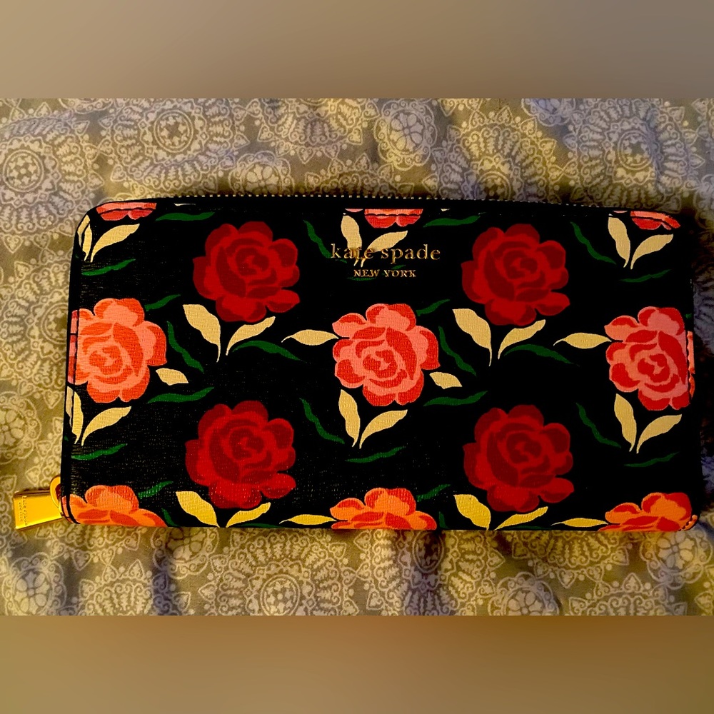 kate spade Floral Zip Around Wallet in Black, Red, Coral